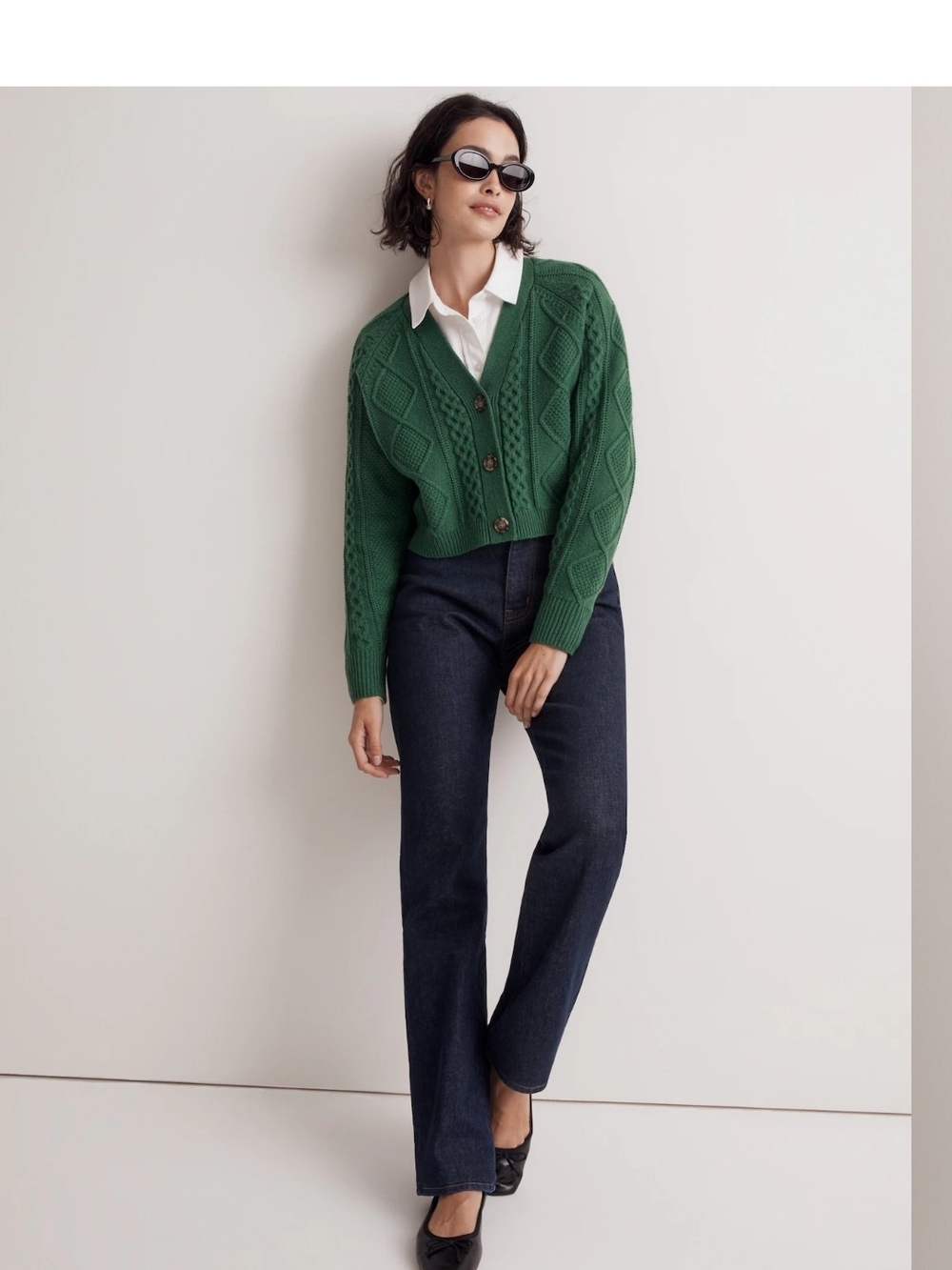 Madewell Green Cable-Knit Button Cardigan